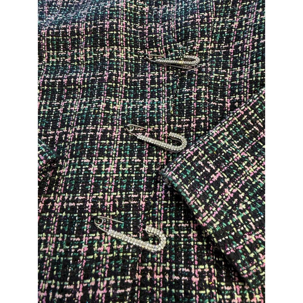 Zara Womens Sz M Black Tweed Metallic Rhinestone Safety Pin Blazer Mini Dress - Picture 3 of 9
